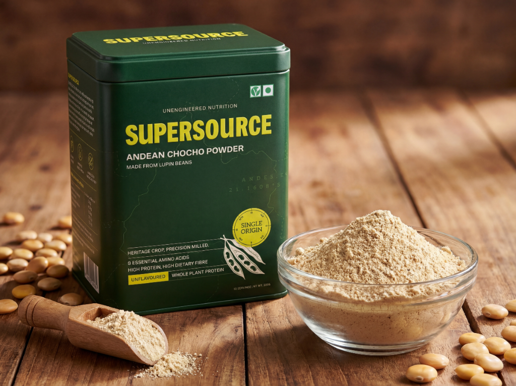 Supersource Andean Chocho Powder - Premium tin with powder bowl and lupin beans on wooden table